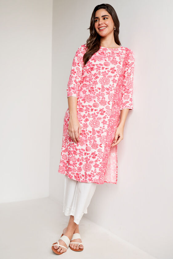 Pink Floral Straight Kurta, Pink, image 1